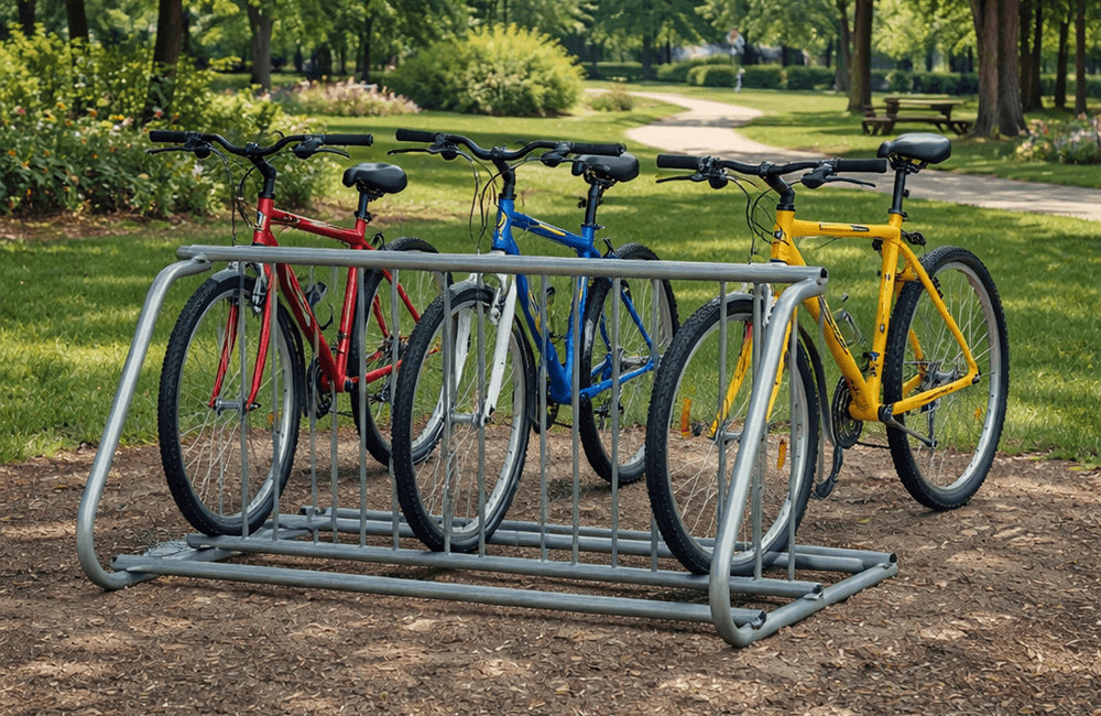 Grid style bike rack holding multiple bicycles in a park setting showing vertical bar design and shared parking structure